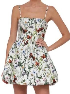 Print Corset Bubble Dress In Ivory Butterfly Flowers